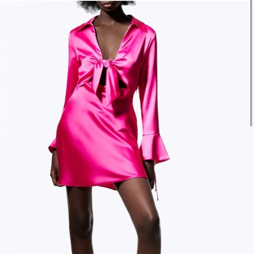 Zara Women's Vibrant Pink Satin Dress with Front Tie